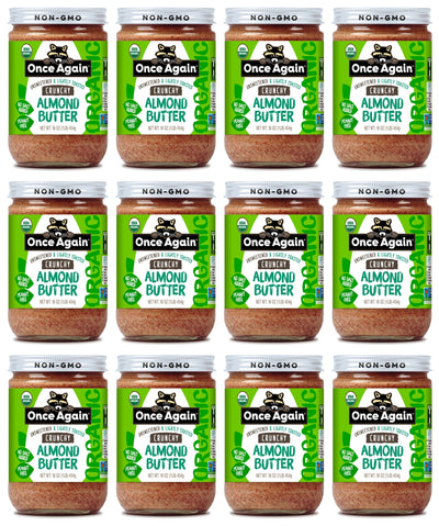 Once Again almond butter 16oz Glass Jar / Case of 12 Organic Crunchy Almond Butter, Lightly Toasted - Salt Free, Unsweetened - 16 oz