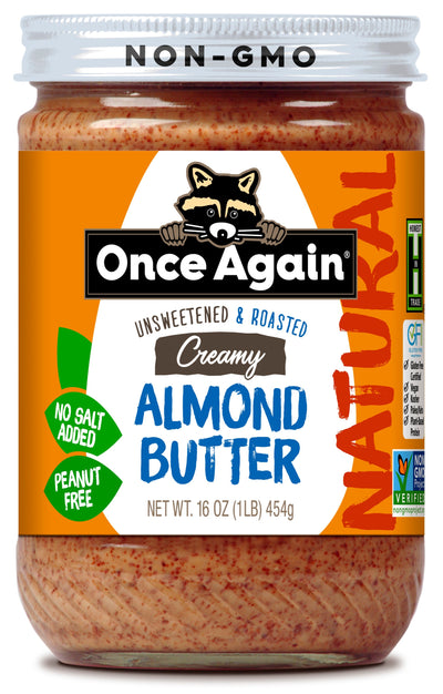 Once Again almond butter 16oz Glass Jar / Each Natural Creamy Almond Butter, Roasted - Salt Free, Unsweetened - 16 oz