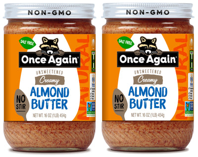 Once Again almond butter 16oz Glass Jar / Pack of 2 Natural Creamy Almond Butter - American Classic, No Stir - Salt Free, Unsweetened - 16 oz