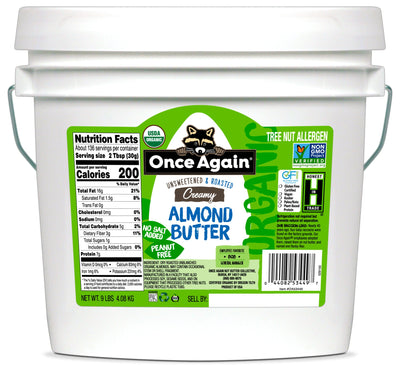 Once Again Almond Butter 9 lbs Bucket / Each Organic Creamy Almond Butter, Roasted - Salt Free, Unsweetened - 9 lbs