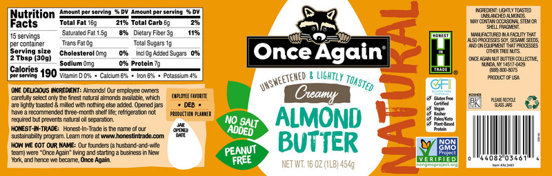 Once Again Almond Butter Natural Creamy Almond Butter, Lightly Toasted - Salt Free, Unsweetened - 16 oz