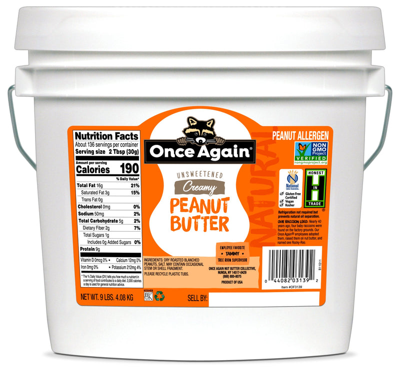 Once Again Nut Butter Peanut Butter 9 lbs Bucket / Each Natural Creamy Peanut Butter - Lightly Salted, Unsweetened - 9 lbs