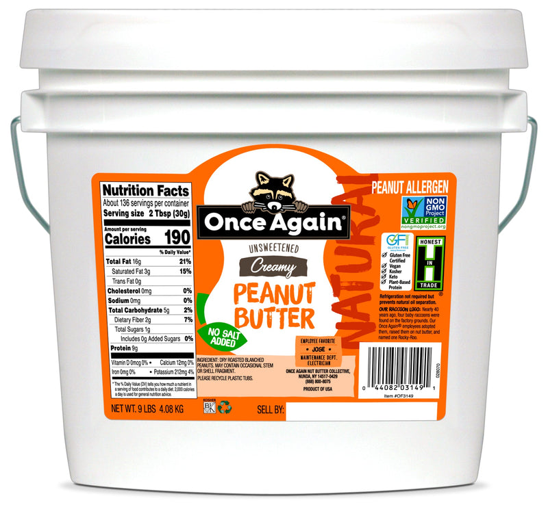Once Again Nut Butter Peanut Butter 9 lbs Bucket / Each Natural Creamy Peanut Butter - Salt Free, Unsweetened - 9 lbs