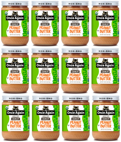 Once Again Peanut Butter 16oz Glass Jar / Case of 12 Organic Crunchy Peanut Butter - Lightly Salted, Unsweetened - 16 oz