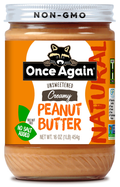 Once Again peanut butter 16oz Glass Jar / Each Natural Creamy Peanut Butter - Salt Free, Unsweetened - 16 oz