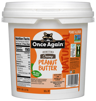 Once Again Peanut Butter 5 lbs Bucket / Each Natural Creamy Peanut Butter - Salt Free, Unsweetened - 5 lbs Pantry Pack Bucket