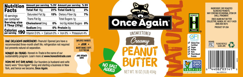 Once Again peanut butter Natural Creamy Peanut Butter - Salt Free, Unsweetened - 16 oz