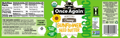Once Again Sunflower Butter Organic Sunflower Butter - Salt Free, Unsweetened - Peanut Free - 16 oz