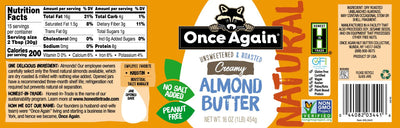 Once Again almond butter Natural Creamy Almond Butter, Roasted - Salt Free, Unsweetened - 16 oz