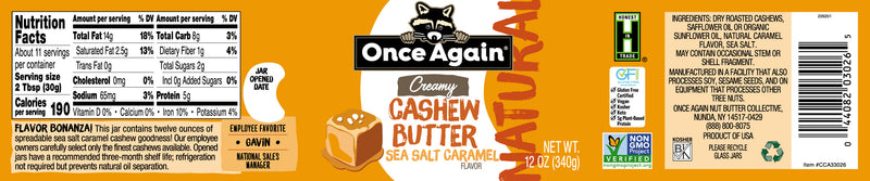 Once Again cashew butter 12oz Glass Jar / Each Natural Creamy Cashew Butter with Sea Salt Caramel - 12 oz