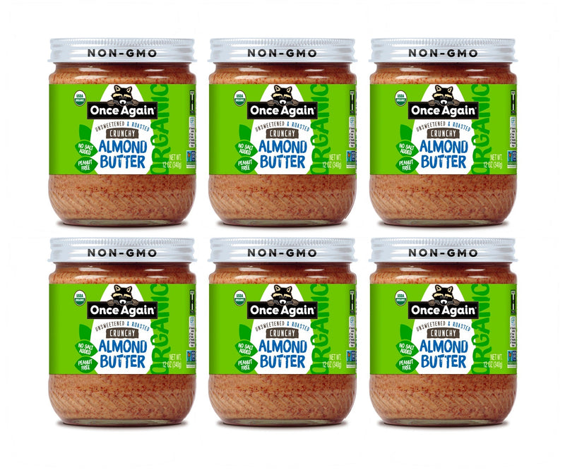 Once Again Almond Butter 12oz Glass Jar / Case of 6 Organic Crunchy Almond Butter, Roasted - Salt Free, Unsweetened - 12 oz