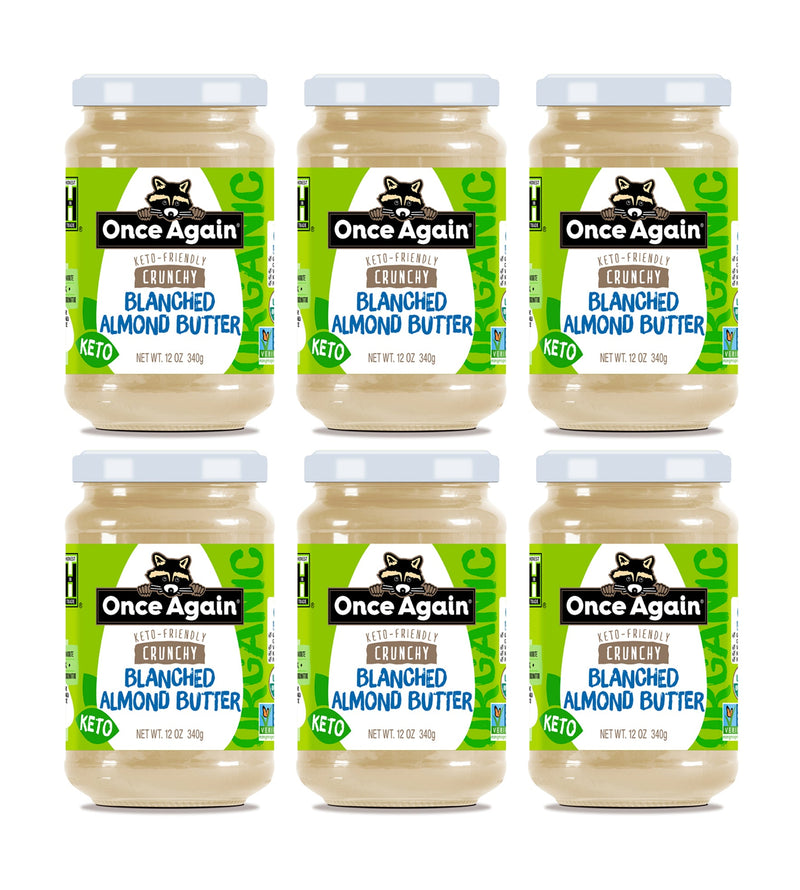 Once Again Almond Butter 12oz Glass Jar / Case of 6 Organic Crunchy Blanched Almond Butter - Salt Free, Unsweetened - 12 oz