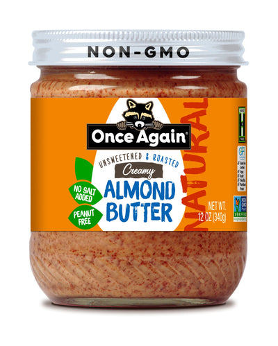 Once Again Almond Butter 12oz Glass Jar / Each Natural Creamy Almond Butter, Roasted - Salt Free, Unsweetened - 12 oz