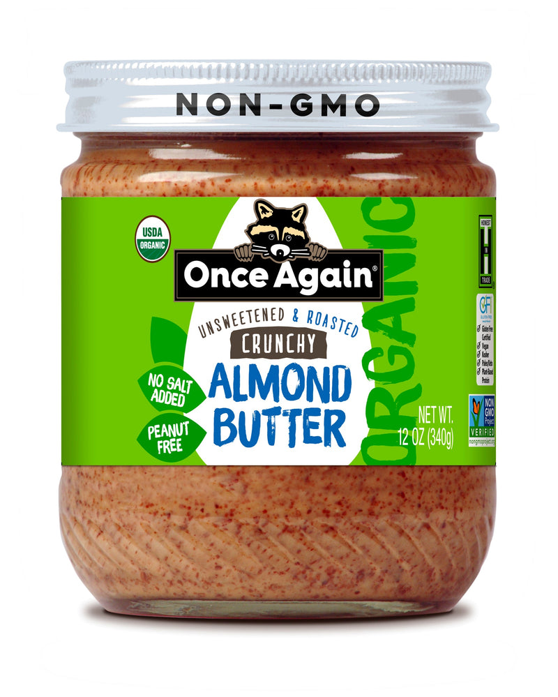 Once Again Almond Butter 12oz Glass Jar / Each Organic Crunchy Almond Butter, Roasted - Salt Free, Unsweetened - 12 oz