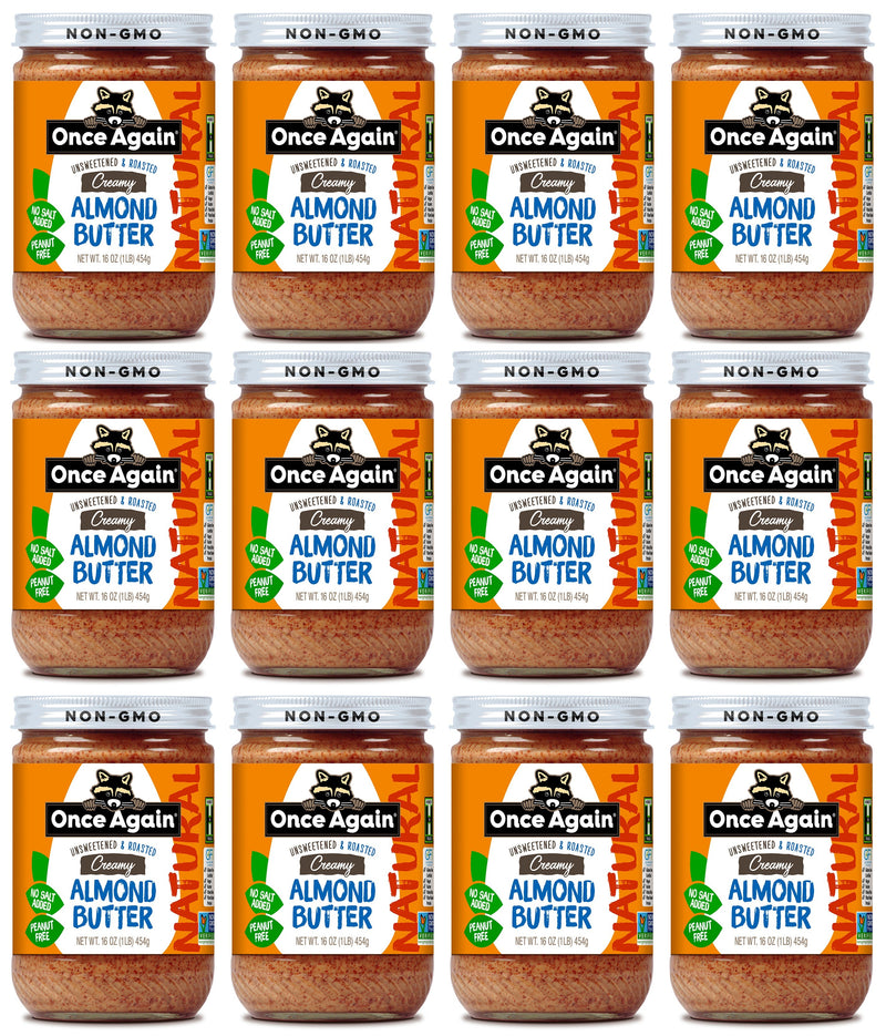 Once Again almond butter 16oz Glass Jar / Case of 12 Natural Creamy Almond Butter, Roasted - Salt Free, Unsweetened - 16 oz