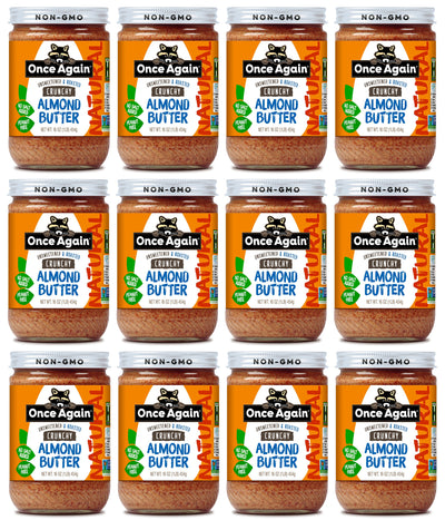 Once Again Almond Butter 16oz Glass Jar / Case of 12 Natural Crunchy Almond Butter, Roasted - Salt Free, Unsweetened - 16 oz