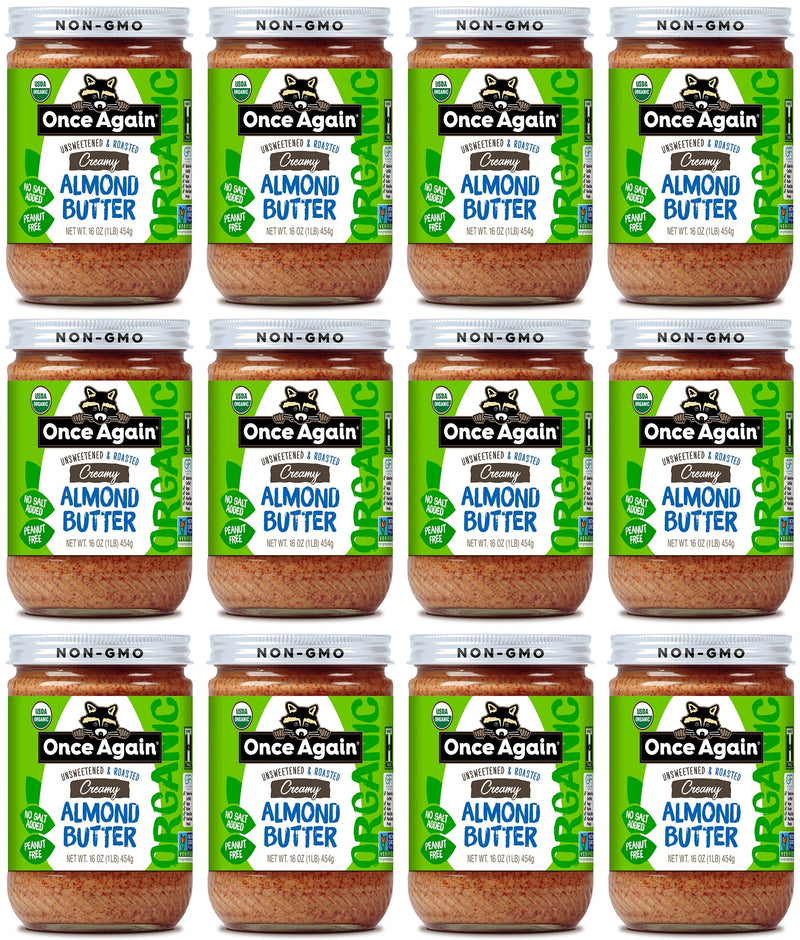 Once Again almond butter 16oz Glass Jar / Case of 12 Organic Creamy Almond Butter, Roasted - Salt Free, Unsweetened - 16 oz