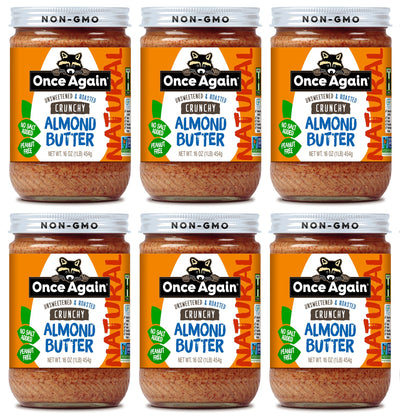 Once Again Almond Butter 16oz Glass Jar / Case of 6 Natural Crunchy Almond Butter, Roasted - Salt Free, Unsweetened - 16 oz