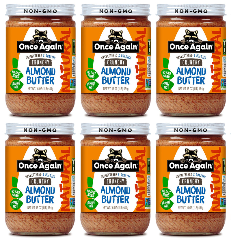 Once Again Almond Butter 16oz Glass Jar / Case of 6 Natural Crunchy Almond Butter, Roasted - Salt Free, Unsweetened - 16 oz