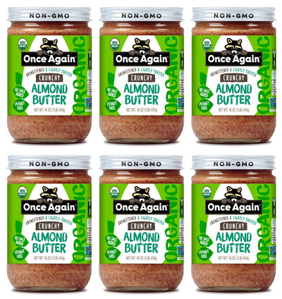 Once Again almond butter 16oz Glass Jar / Case of 6 Organic Crunchy Almond Butter, Lightly Toasted - Salt Free, Unsweetened - 16 oz