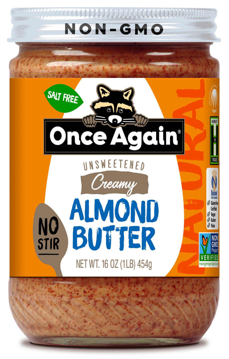 Once Again almond butter 16oz Glass Jar / Each Natural Creamy Almond Butter - American Classic, No Stir - Salt Free, Unsweetened - 16 oz