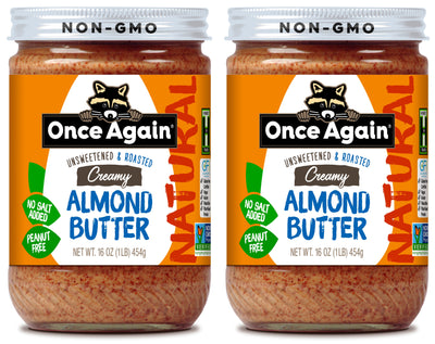 Once Again almond butter 16oz Glass Jar / Pack of 2 Natural Creamy Almond Butter, Roasted - Salt Free, Unsweetened - 16 oz