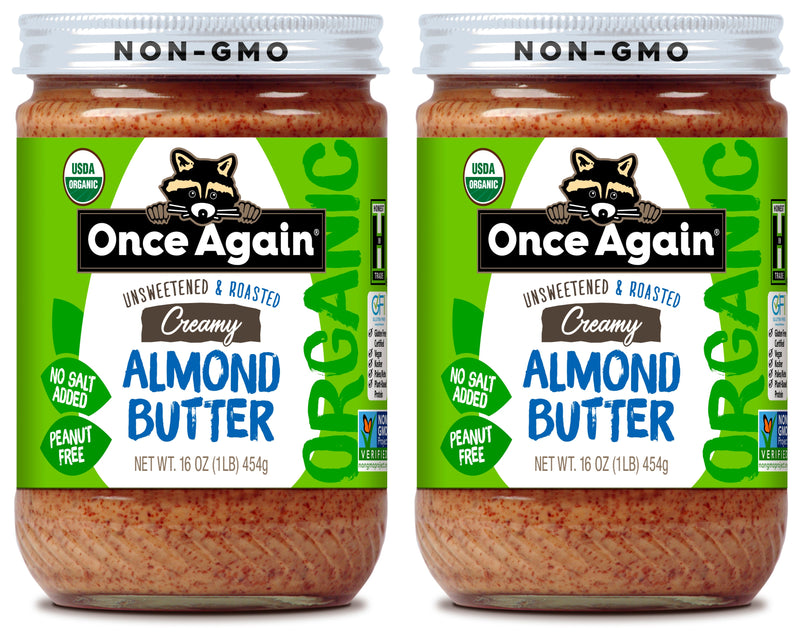 Once Again almond butter 16oz Glass Jar / Pack of 2 Organic Creamy Almond Butter, Roasted - Salt Free, Unsweetened - 16 oz