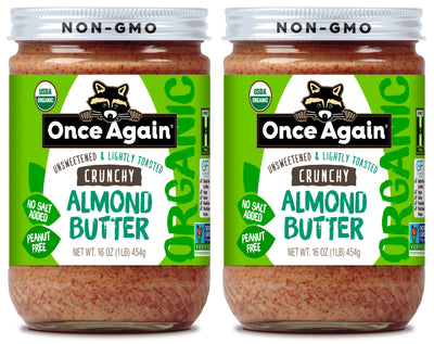 Once Again almond butter 16oz Glass Jar / Pack of 2 Organic Crunchy Almond Butter, Lightly Toasted - Salt Free, Unsweetened - 16 oz