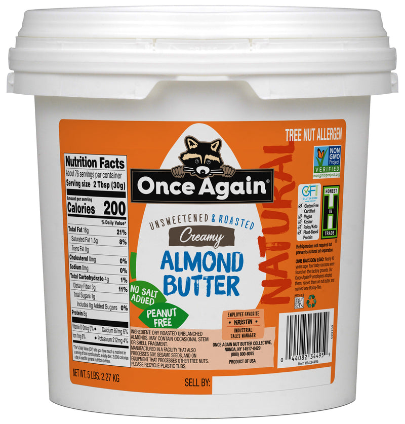 Once Again Almond Butter 5 lbs Bucket / Each Natural Creamy Almond Butter, Roasted - Salt Free, Unsweetened - 5 lbs Pantry Pack Bucket