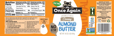 Once Again almond butter Natural Creamy Almond Butter - American Classic, No Stir - Salt Free, Unsweetened - 16 oz