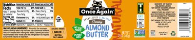 Once Again Almond Butter Natural Creamy Almond Butter, Roasted - Salt Free, Unsweetened - 12 oz