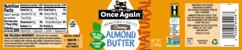 Once Again Almond Butter Natural Creamy Almond Butter, Roasted - Salt Free, Unsweetened - 12 oz