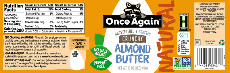 Once Again Almond Butter Natural Crunchy Almond Butter, Roasted - Salt Free, Unsweetened - 16 oz