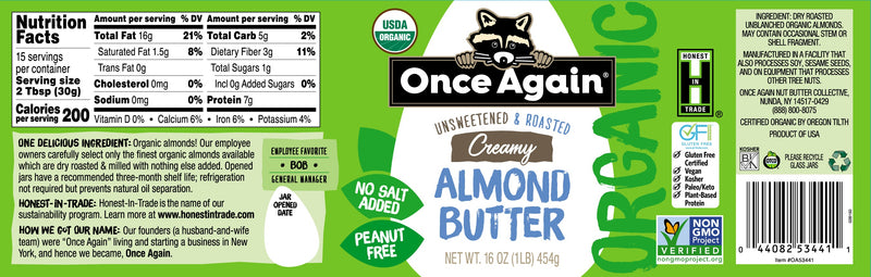 Once Again almond butter Organic Creamy Almond Butter, Roasted - Salt Free, Unsweetened - 16 oz