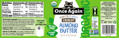 Once Again Almond Butter Organic Crunchy Almond Butter, Roasted - Salt Free, Unsweetened - 16 oz