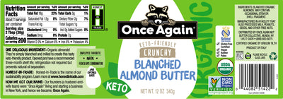 Once Again Almond Butter Organic Crunchy Blanched Almond Butter - Salt Free, Unsweetened - 12 oz