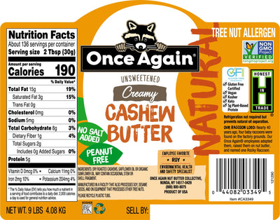 Once Again Cashew Butter 9 lbs Bucket / Each Natural Creamy Cashew Butter - Unsweetened - 9 lbs