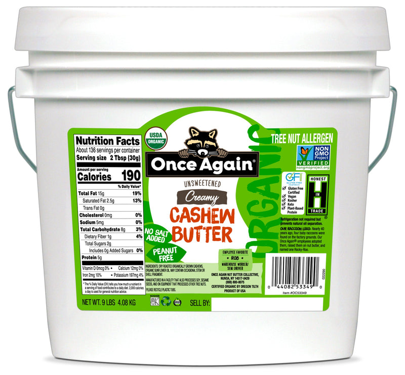 Once Again Cashew Butter 9 lbs Bucket / Each Organic Cashew Butter - Unsweetened - 9 lbs