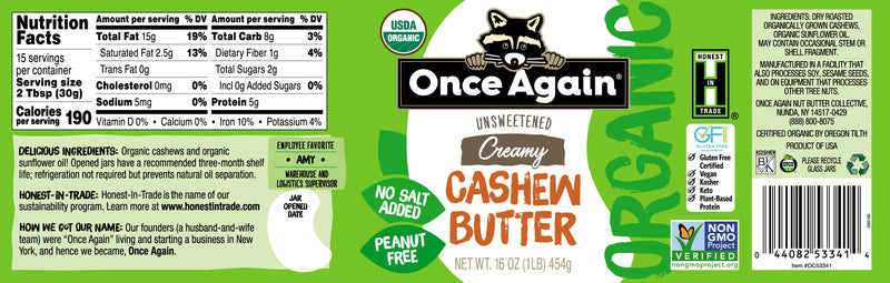 Once Again Cashew Butter Organic Cashew Butter - Unsweetened - 16 oz