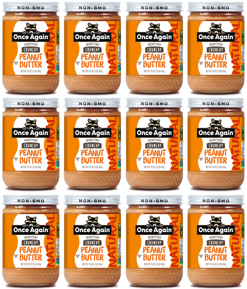 Once Again Nut Butter Peanut Butter 16oz Glass Jar / Case of 12 Natural Crunchy Peanut Butter - Lightly Salted, Unsweetened - 16 oz