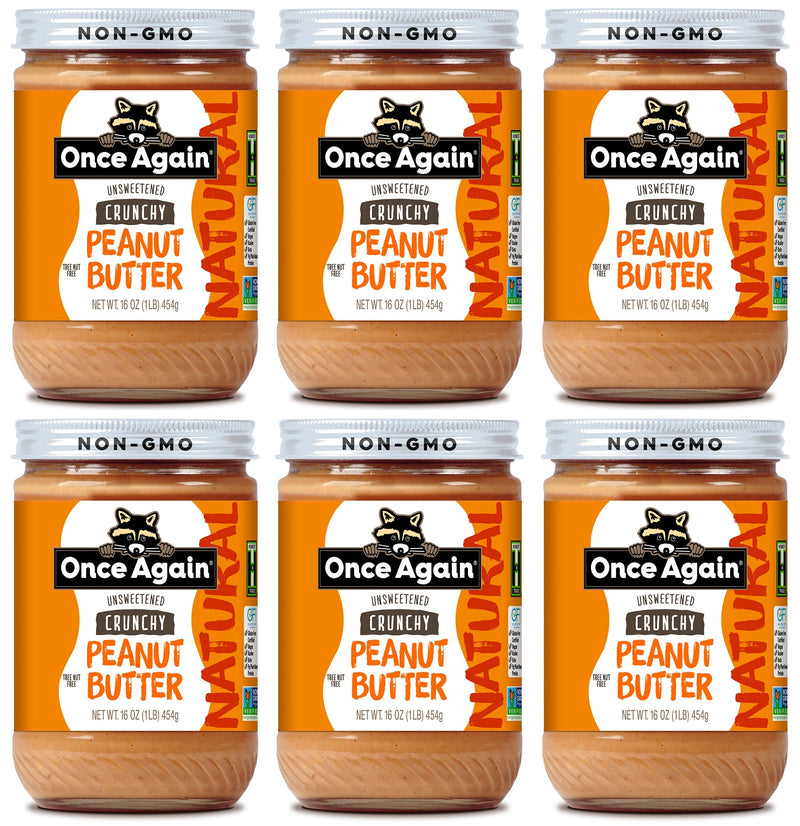 Once Again Nut Butter Peanut Butter 16oz Glass Jar / Case of 6 Natural Crunchy Peanut Butter - Lightly Salted, Unsweetened - 16 oz
