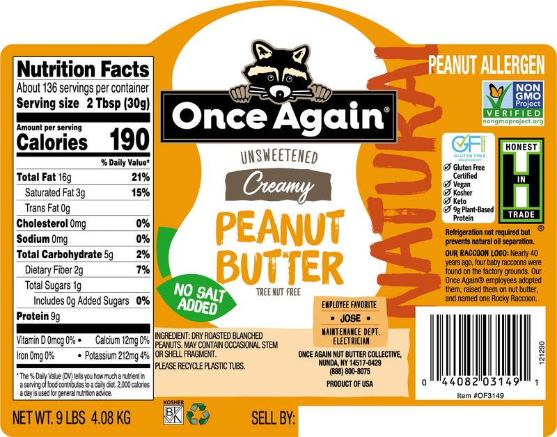 Once Again Nut Butter Peanut Butter 9 lbs Bucket / Each Natural Creamy Peanut Butter - Salt Free, Unsweetened - 9 lbs