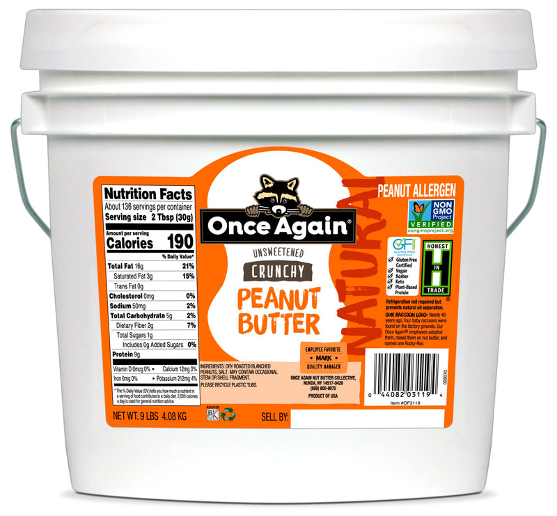 Once Again Nut Butter Peanut Butter 9 lbs Bucket / Each Natural Crunchy Peanut Butter - Lightly Salted, Unsweetened - 9 lbs