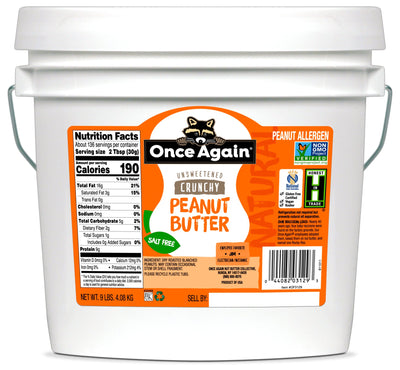 Once Again Nut Butter Peanut Butter 9 lbs Bucket / Each Natural Crunchy Peanut Butter - Salt Free, Unsweetened - 9 lbs