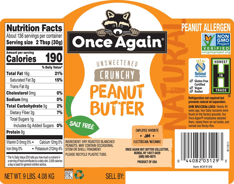 Once Again Nut Butter Peanut Butter 9 lbs Bucket / Each Natural Crunchy Peanut Butter - Salt Free, Unsweetened - 9 lbs