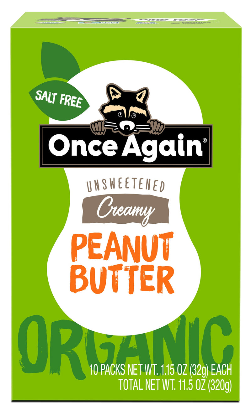 Once Again Peanut Butter 1.15oz Squeeze Pack / Box of 10 Organic Creamy Peanut Butter - Salt Free, Unsweetened - 1.15 oz Squeeze Packs, 10 Count