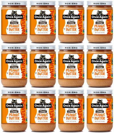 Once Again peanut butter 16oz Glass Jar / Case of 12 Natural Creamy Peanut Butter - Lightly Salted, Unsweetened - 16 oz