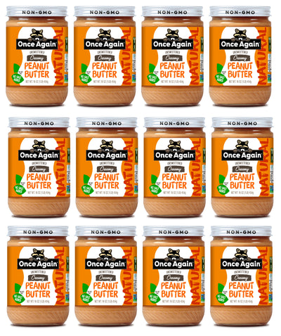 Once Again peanut butter 16oz Glass Jar / Case of 12 Natural Creamy Peanut Butter - Salt Free, Unsweetened - 16 oz