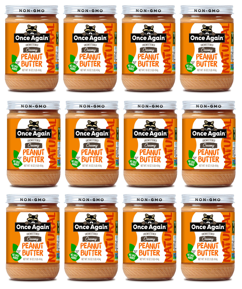 Once Again peanut butter 16oz Glass Jar / Case of 12 Natural Creamy Peanut Butter - Salt Free, Unsweetened - 16 oz