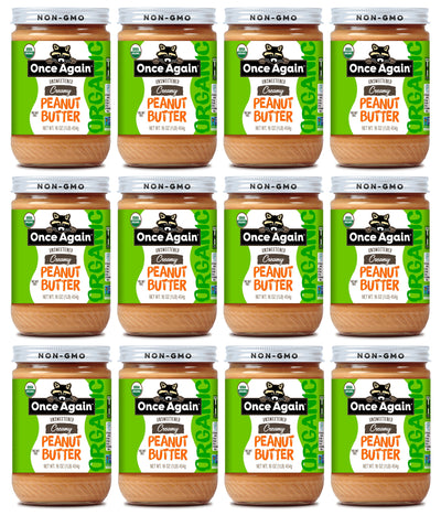 Once Again Peanut Butter 16oz Glass Jar / Case of 12 Organic Creamy Peanut Butter - Lightly Salted, Unsweetened - 16 oz